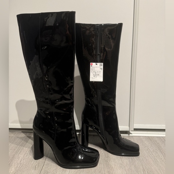 New! Zara Black Patent Knee-High Boots - Picture 1 of 5